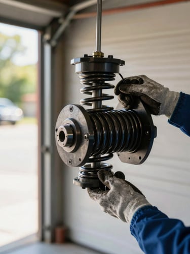 Close-up of a garage door torsion spring and cable drum assembly, a technician's gloved hand steadying the hardware, natural daylight streaming in from the open garage door to the left, sharp mechanical detail in focus