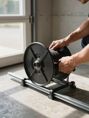 Close-up of a technician's hands gripping a cable drum on a garage door track, natural window light from the left casting clear shadows on the steel mechanism, concrete wall visible in background