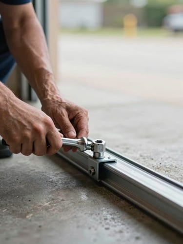 Close-up of a technician's hands using a socket wrench to tighten a garage door track bracket, concrete garage floor visible below, soft natural light from an open roller door behind, sharp mechanical detail