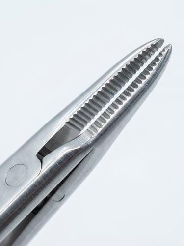 Macro close-up of a surgical forceps tip, bright clinical white light reflecting off surgical-grade stainless steel, sharp focus, sterile white backdrop.