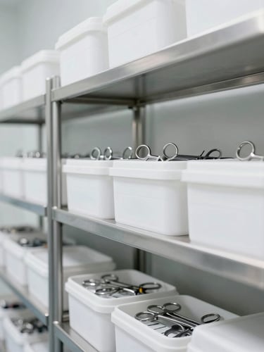 An organized clinical medical supply room with sterile stainless steel shelving holding boxed surgical instruments, bright white clinical lighting, clean perspective
