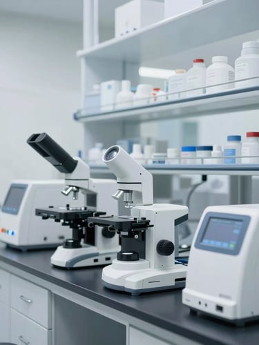 A clean sterile clinical laboratory room with organized medical diagnostic equipment, bright clinical white light, silver reflections.