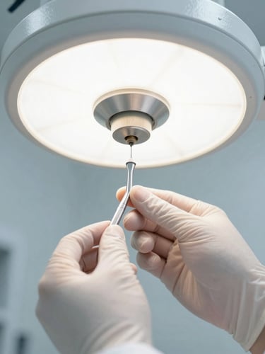 Close-up of a clinical laboratory technician inspecting a surgical instrument under bright clinical white light, sharp focus, sterile environment