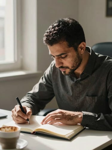 Close medium shot of Mahmoud Fennan seated at a desk, leaning forward and writing in an open notebook, natural window light from the left side casting soft directional shadows, a half-empty coffee cup visible at the frame edge, suggesting focused deliberate work