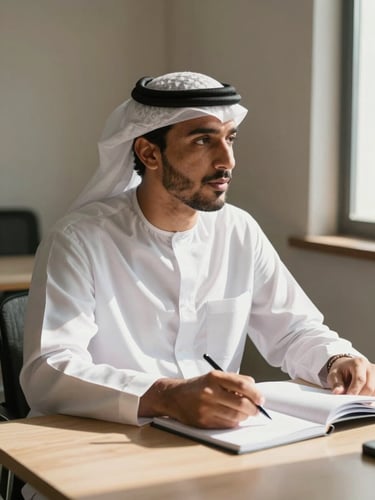 Medium shot from the left side, Mahmoud leaning forward across a table mid-conversation, one hand open on a notebook, natural window light from the right casting clean shadows, warm neutral interior, suggesting active listening and clear thinking