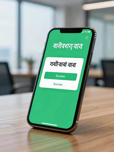 Close-up of a smartphone screen displaying a sleek payment success interface in Bengali, soft emerald green light reflecting on a clean wooden desk, modern Dhaka office background