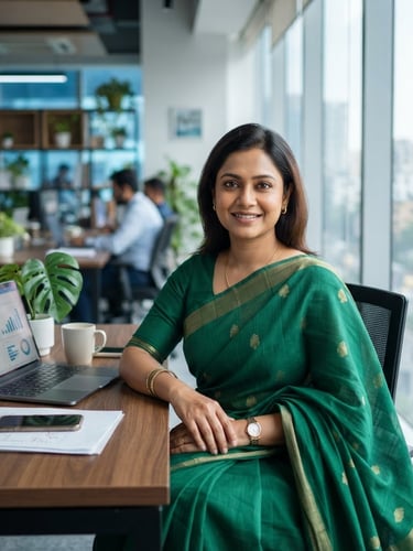 An authentic editorial portrait of a Bangladeshi female retail owner in a modern Dhaka office, bright natural daylight, sharp focus, professional corporate realism