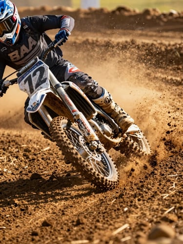 Close-up of a motocross rider mid-corner, front wheel biting into a dirt berm, roost of mud spraying wide, late afternoon golden light raking across the track surface, helmet and goggles in sharp focus
