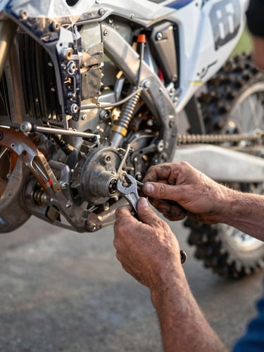 Close-up of a mechanic's hands adjusting rear suspension linkage on a motocross bike in a pit stall, natural afternoon daylight raking across the aluminum frame, dirt-caked knuckles and a wrench in focus, chain and sprocket visible in the background