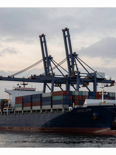 Wide-angle industrial shipping port at dawn, massive container vessel docked, steel cranes against overcast morning sky, desaturated navy and gray tones, 35mm lens.