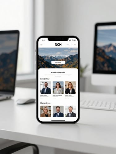 clean tech photography, bright natural office light, modern smartphone showing a beautiful landing page mockup, minimalist workspace