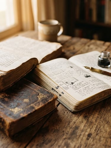 Close-up of ancient philosophical texts with worn leather bindings and an open notebook on a smooth wooden table, illuminated by soft morning light from a window, warm editorial photography, 35mm