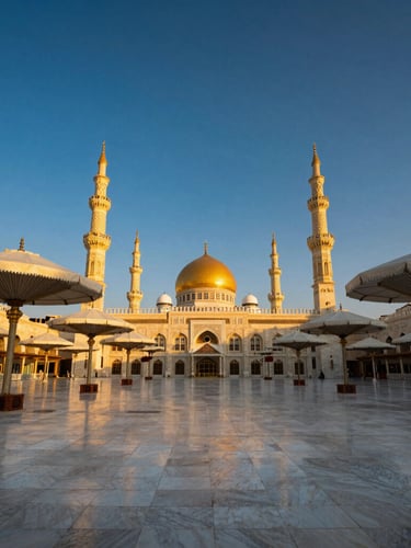 Wide-angle majestic shot of the white marble courtyard of Al-Masjid an-Nabawi in Medina, elegant umbrellas glowing under warm golden hour light, deep blue sky, high-end travel documentary style.