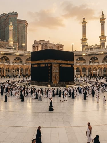 A wide, majestic environmental shot of the Holy Kaaba during golden hour, soft natural sunlight reflecting off the marble courtyard, deep rich tones, high-end travel documentary style.