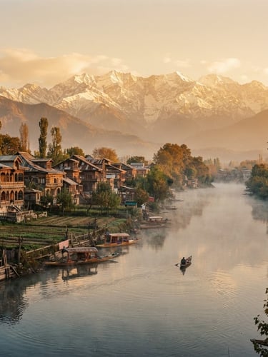Serene golden-hour view of the Jhelum river in Anantnag, soft mist rising off the water, traditional wooden Kashmiri houses on the bank, majestic snow-capped peaks in the background, 35mm photography.
