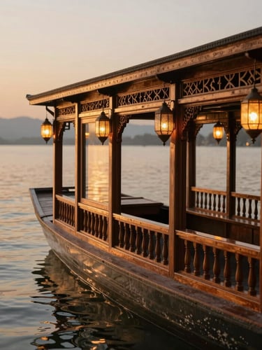 A close-up portrait of a luxury wooden Kashmiri houseboat balcony at golden hour, overlooking the calm waters of Dal Lake with warm glowing lanterns