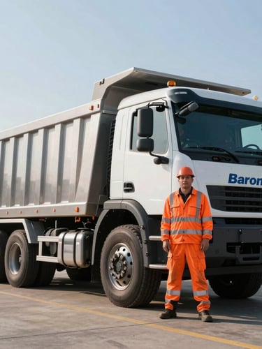 Professional Baroni Enterprises drivers in high-visibility gear, standing proudly beside a meticulously clean tri-axle dump truck at the Hubbard facility, crisp morning daylight, low angle heroic shot, high-contrast steel and safety-orange tones, sharp focus.