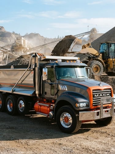 Low-angle heroic shot of a meticulously clean tri-axle dump truck, safety orange accents, parked at an active aggregate loading site under crisp morning daylight, high-contrast steel and safety-orange tones, sharp focus, 35mm
