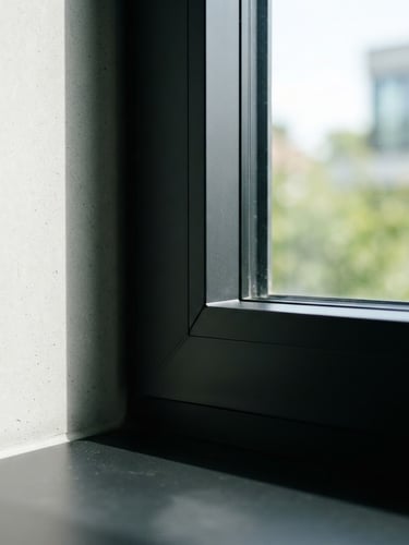 Close-up of a perfectly joined minimalist black aluminum window frame corner, sharp architectural lines, natural daylight, crisp shadows