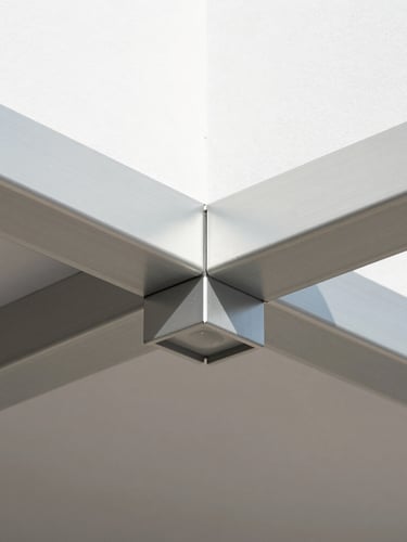 Close-up architectural detail of a premium aluminum canopy joint, clean connection without visible bolts, bright natural daylight, crisp shadows