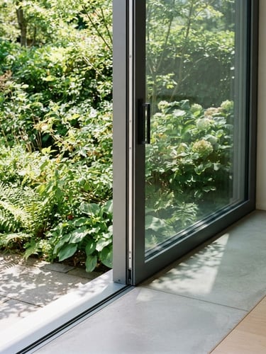 Architectural close-up of a minimalist aluminum sliding door opening to a lush garden, bright daylight, crisp shadows, clean lines, 35mm lens