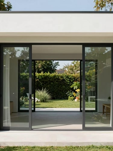 A minimalist modern house facade featuring expansive sliding glass doors with slim black aluminum frames, opening to a lush garden, bright daylight