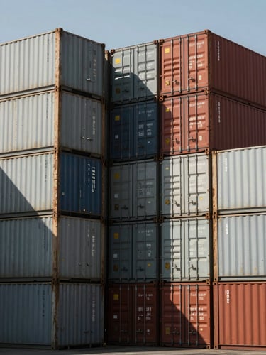Wide architectural shot of structured shipping containers stacked at a Mexican port, clean lines, high-contrast natural light with deep shadows, editorial style.