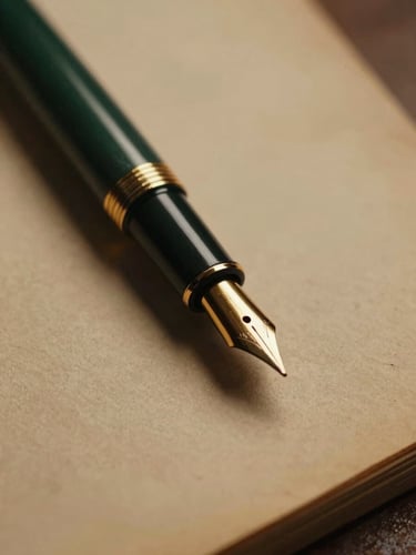 Close-up macro of a classic fountain pen resting on heavy aged parchment paper, warm low-key library lighting, rich gold accents
