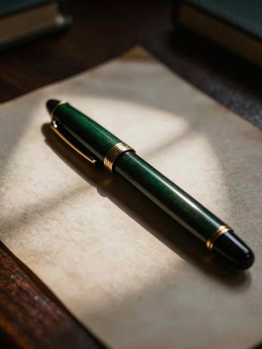 A close-up macro shot of a vintage fountain pen resting on heavy aged parchment paper, dark mahogany desk, dramatic single-source window light, deep shadows.