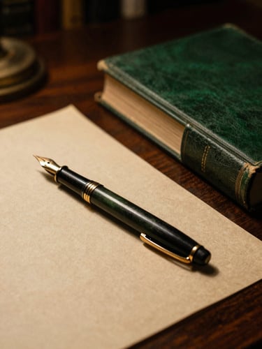 An antique fountain pen resting on heavy textured parchment paper, beside a leather-bound book on a dark mahogany desk, low-key dramatic chiaroscuro lighting, deep forest green and warm gold tones, 35mm film