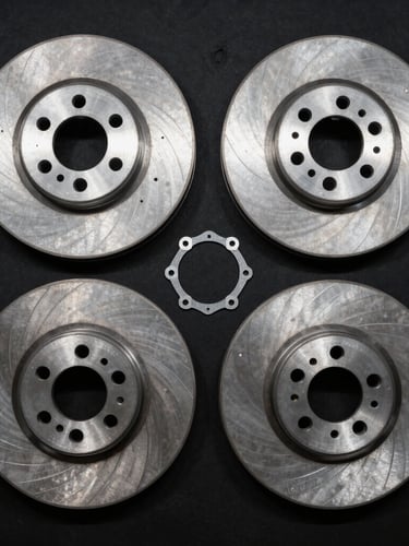Top-down technical layout of pristine machined steel brake rotors and fresh gaskets on a matte black background, stark high-contrast workshop lighting.