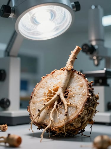 Macro photography of root cross-sections next to precise scientific instruments, bright clinical light.