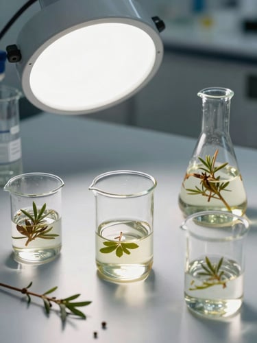 High-end laboratory glassware containing raw plant extracts under bright clinical light, precise overhead flat-lay.