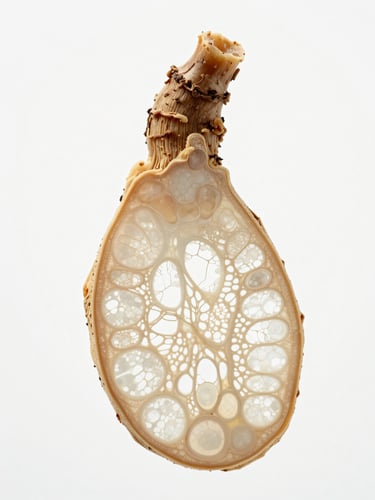Macro photography of a single adaptogenic root cross-section under sterile, high-key white laboratory light, showing detailed cellular structures and vascular bundles.