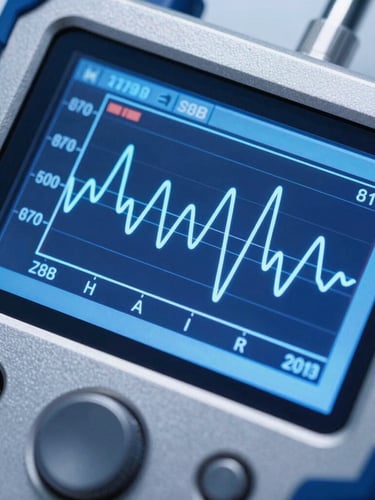 Macro shot of a high-end digital diagnostic tool displaying sharp wave forms, cool blue tool-glow, metallic silver background, sharp technical photography.