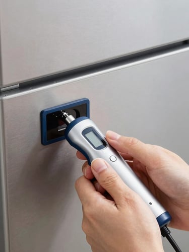Close-up of clean hands using a specialized digital calibration instrument on a premium stainless steel built-in refrigerator panel, sharp high-contrast lighting.