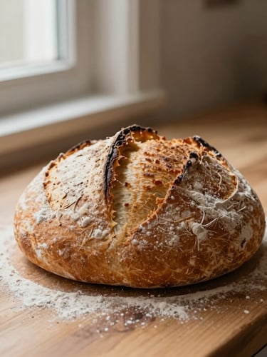 Close-up of a warm, golden-brown sourdough loaf resting on a rustic wooden counter, flour dusting on the crust, early morning window light, shallow depth of field