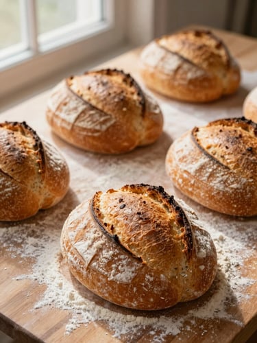 Overhead shot of freshly baked golden-brown sourdough loaves on a flour-dusted wooden table, warm early-morning window light highlighting the crust texture, shallow depth of field, 35mm
