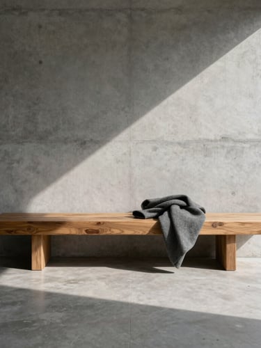 Straight-on elevation of a minimalist concrete entryway, a single textured timber bench with a wool coat draped on the edge, long morning shadows casting geometric lines across the floor, natural light.