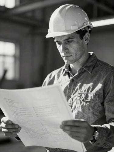 Unposed black-and-white portrait of a male structural engineer reviewing plans, high contrast shadows.