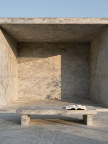 Straight-on elevation of a minimalist concrete pavilion at golden hour, long geometric shadows stretching across a raw concrete patio, an open book resting on a low concrete bench