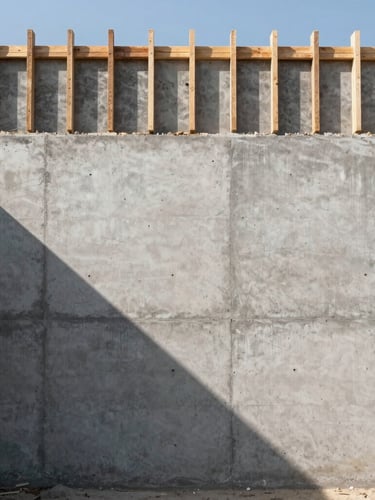 Wide environmental shot of a concrete wall under construction, sharp diagonal shadow cast by morning sun, raw timber formwork visible.