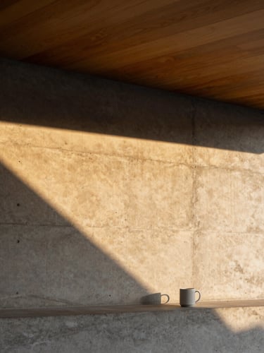 Straight-on elevation of a raw concrete wall meeting a warm timber ceiling, geometric golden hour light casting a sharp diagonal shadow, a single ceramic mug resting on a ledge.