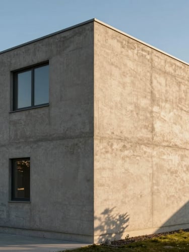 Straight-on elevation of a minimalist concrete residential structure, sharp geometric shadows cast by golden hour natural light, raw concrete texture visible.