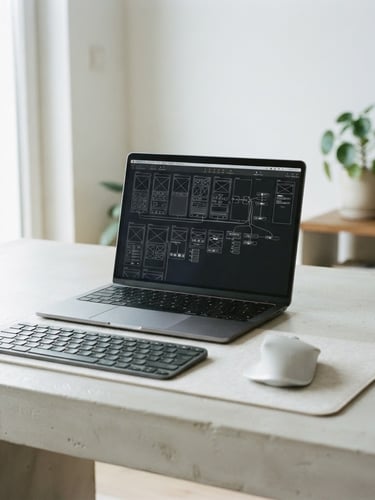Minimalist workspace setup with a sleek laptop displaying a clean wireframe interface, soft diffused natural light, cool slate and off-white tones, 35mm photography