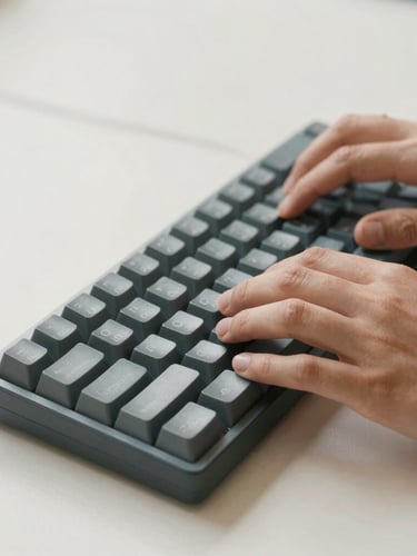 Close-up of hands typing on a mechanical keyboard, warm diffused light, clean desk setup, editorial photography style, 35mm.