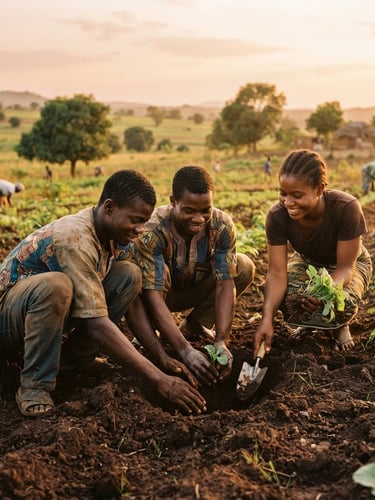 Environmental medium shot of young Togolese farmers collaborating in a sunlit field in Blitta, warm golden hour light, focus on hands planting organic crops, rich earth tones, 35mm lens
