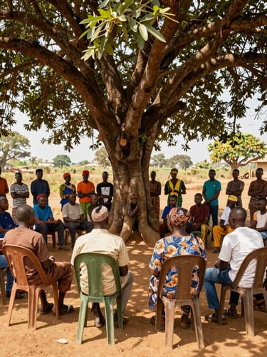 A wide environmental shot of a community gathering under a large tree in central Togo, villagers participating in a local development discussion, warm open shade