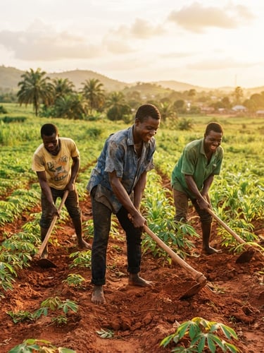 Authentic environmental portrait of young Togolese farmers working together in a sun-drenched agricultural field in Blitta, warm golden hour sunlight, rich terracotta soil, 35mm lens.