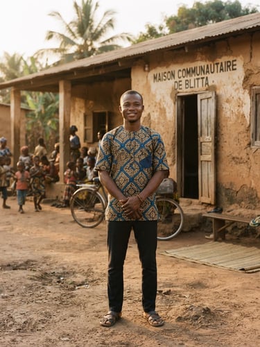 Environmental portrait of a young Togolese community leader standing in front of a local meeting hall in Blitta, warm West African golden hour sunlight, 35mm lens